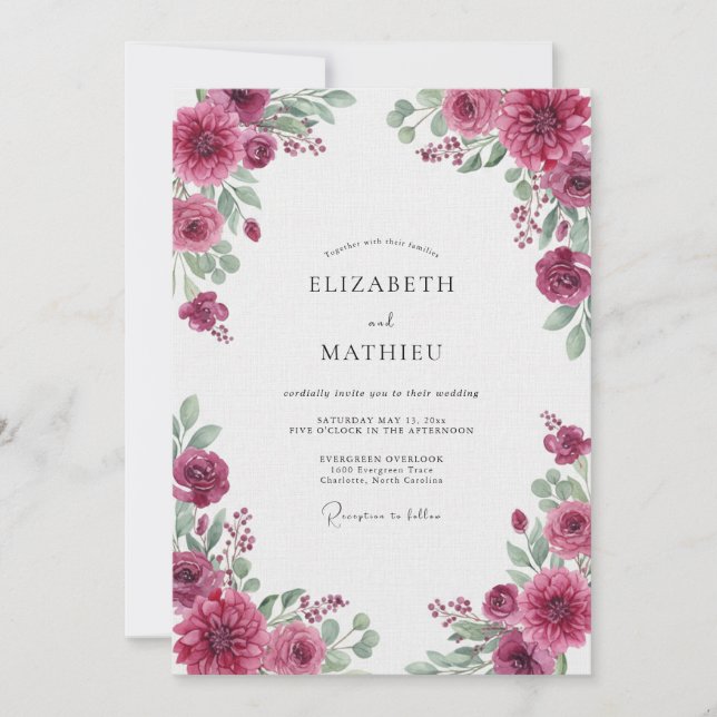 Convites Casamento de Ranunculus Eucalipto Fuchsia (Frente)
