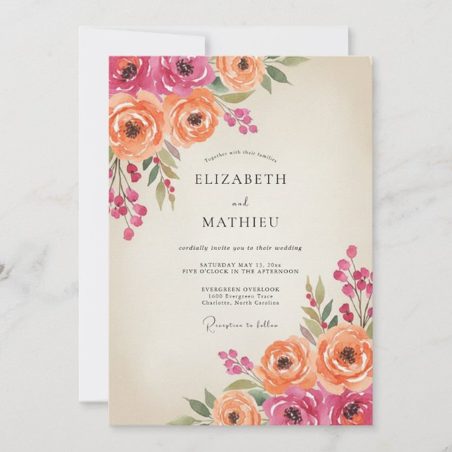 Convites Casamento de Ranunculus Eucalipto Laranja Magenta (Frente)