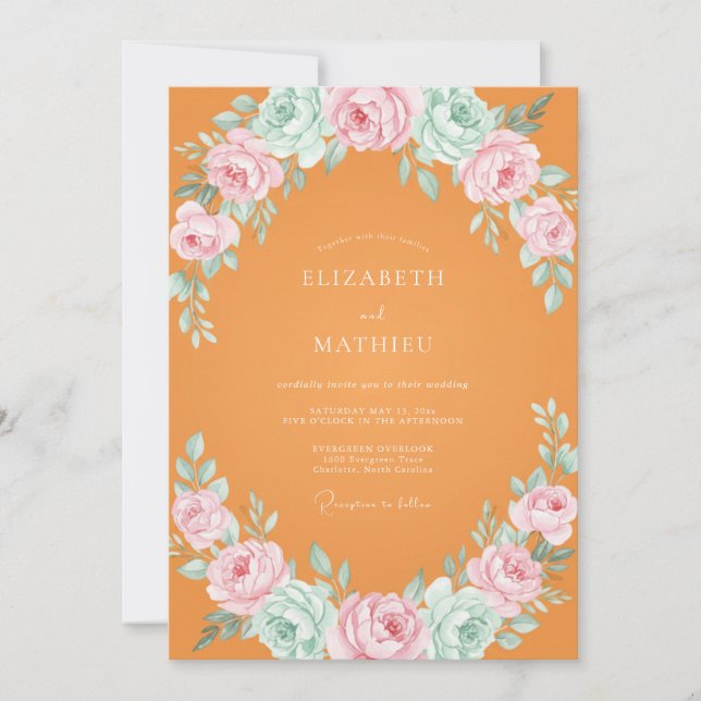 Convites Casamento de Ranunculus Eucalipto Laranja Rosa (Frente)