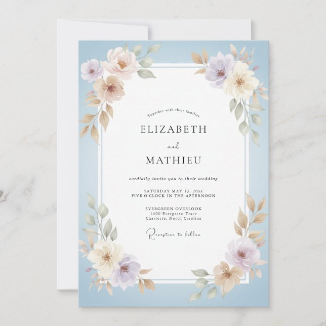 Convites Casamento de Ranunculus Eucalipto Lavanda Azul Pó (Frente)