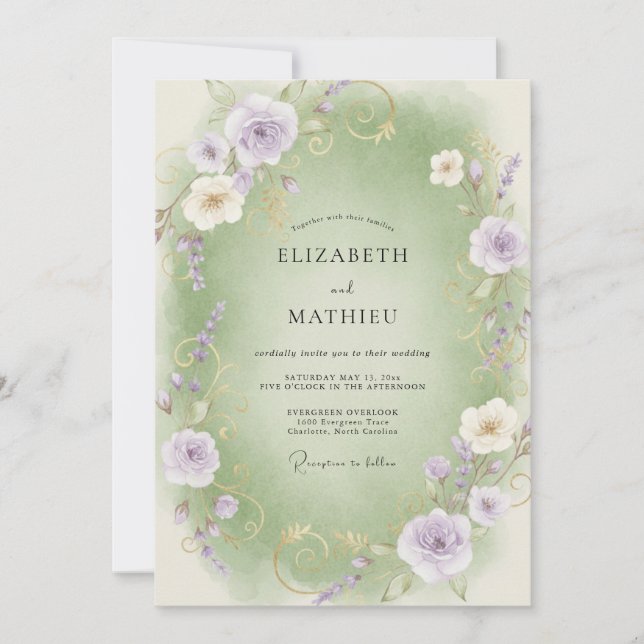 Convites Casamento de Ranunculus Eucalipto Lilás Celadão (Frente)