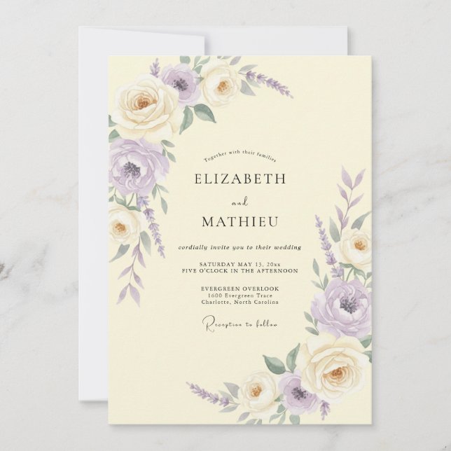 Convites Casamento de Ranunculus Eucalipto Lilás Marfim (Frente)
