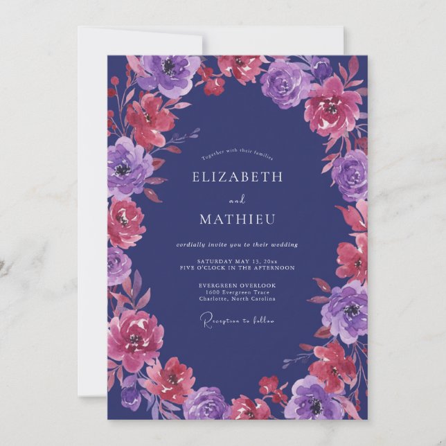 Convites Casamento de Ranunculus Eucalipto Magenta Ametista (Frente)