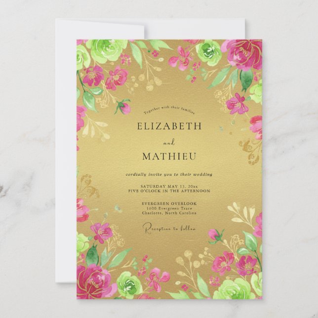 Convites Casamento de Ranunculus Eucalipto Magenta Dourado (Frente)