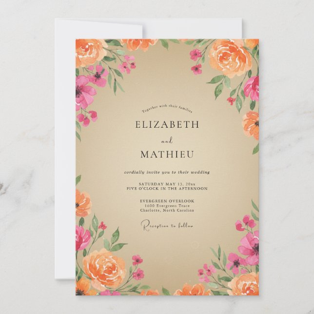 Convites Casamento de Ranunculus Eucalipto Magenta Pêssego (Frente)