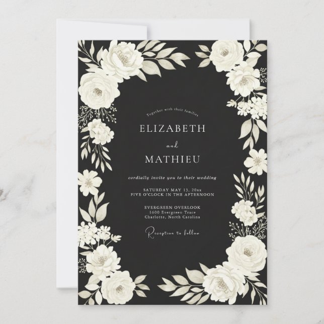 Convites Casamento de Ranunculus Eucalipto Marfim Preto (Frente)