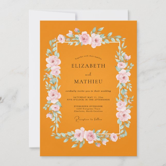 Convites Casamento de Ranunculus Eucalipto Marigold Blush (Frente)