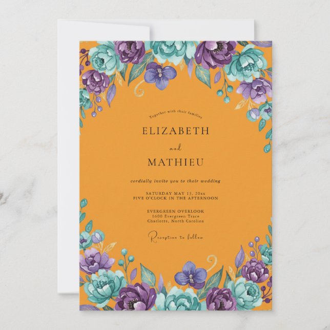 Convites Casamento de Ranunculus Eucalipto Marigold Roxo (Frente)