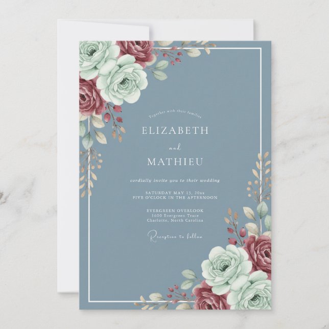 Convites Casamento de Ranunculus Eucalipto Marrom Aço (Frente)
