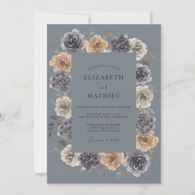 Convites Casamento de Ranunculus Eucalipto Mauve Aço (Frente)