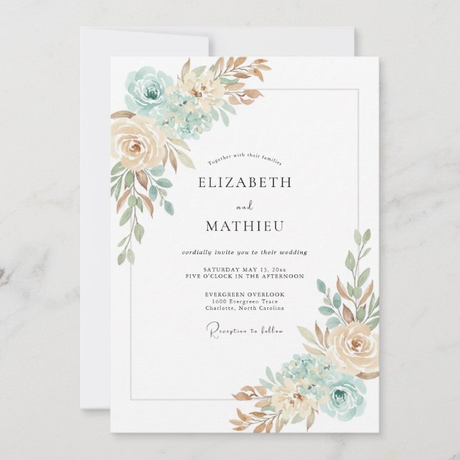 Convites Casamento de Ranunculus Eucalipto Menta Champanhe (Frente)