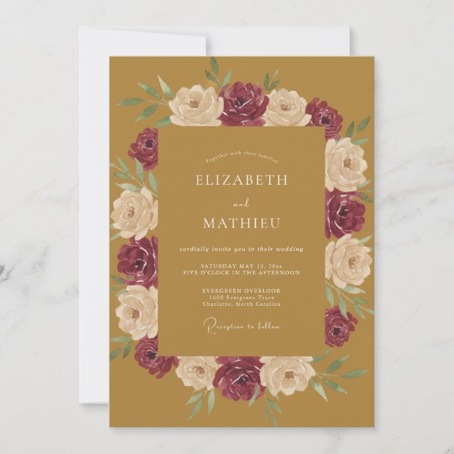 Convites Casamento de Ranunculus Eucalipto Mostarda Borgonh (Frente)