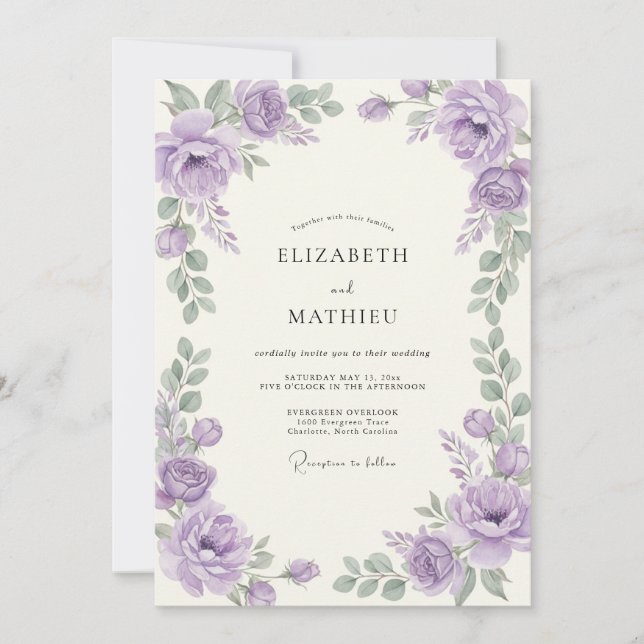 Convites Casamento de Ranunculus Eucalipto Prata e Ametista (Frente)