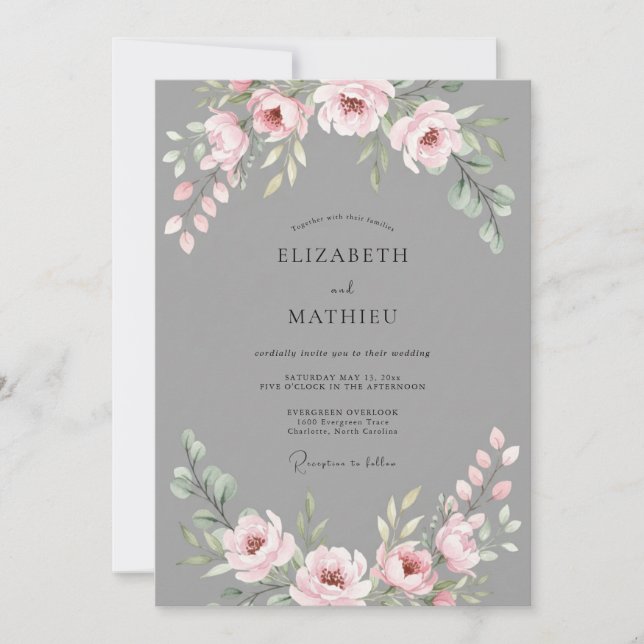 Convites Casamento de Ranunculus Eucalipto Rosa Bege Ardósi (Frente)