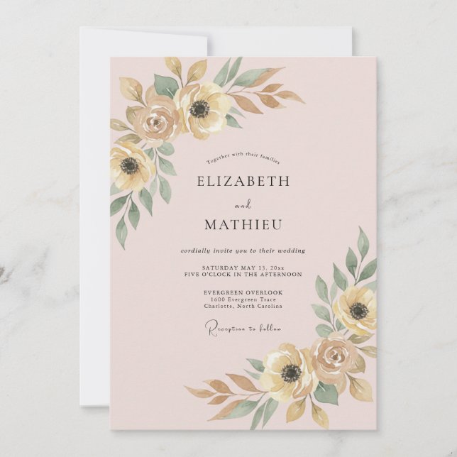 Convites Casamento de Ranunculus Eucalipto Rosa Champanhe (Frente)