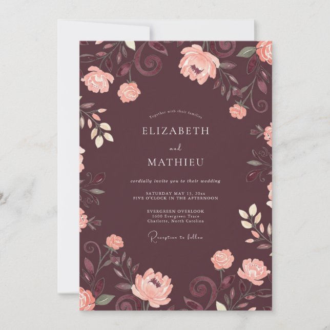 Convites Casamento de Ranunculus Eucalipto Rosa Macia Ameix (Frente)