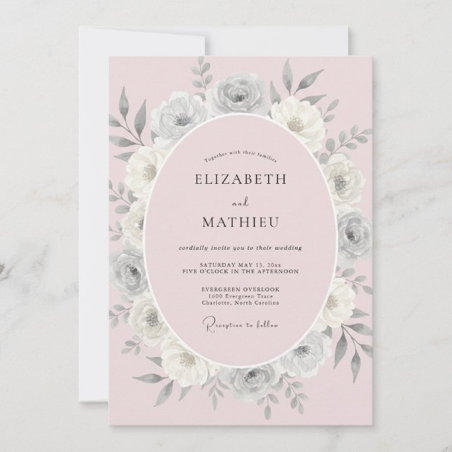 Convites Casamento de Ranunculus Eucalipto Rosa Pálido (Frente)
