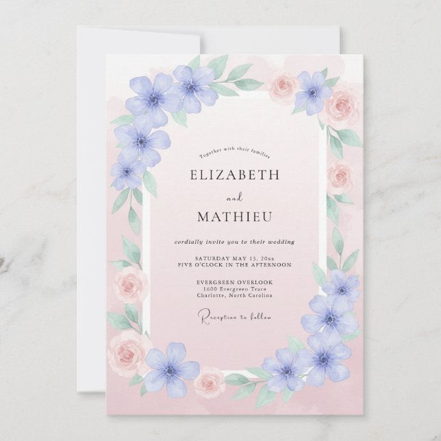 Convites Casamento de Ranunculus Eucalipto Rosa Pastel Azul (Frente)