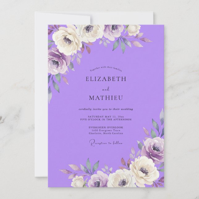 Convites Casamento de Ranunculus Eucalipto Roxo (Frente)