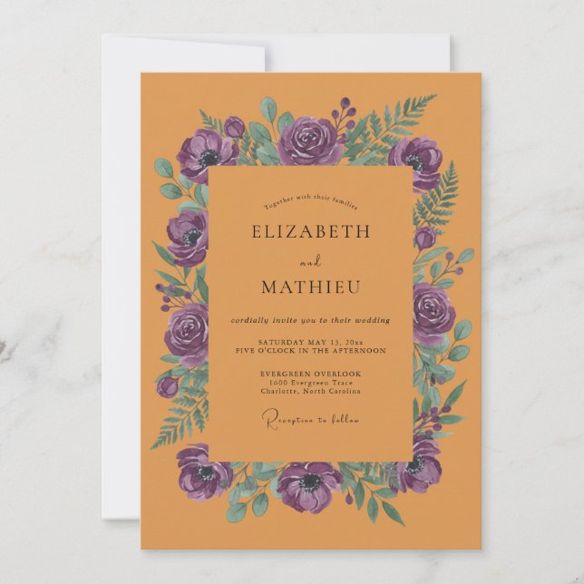 Convites Casamento de Ranunculus Eucalipto Roxo Âmbar (Frente)