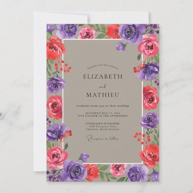 Convites Casamento de Ranunculus Eucalipto Roxo Ameixa (Frente)