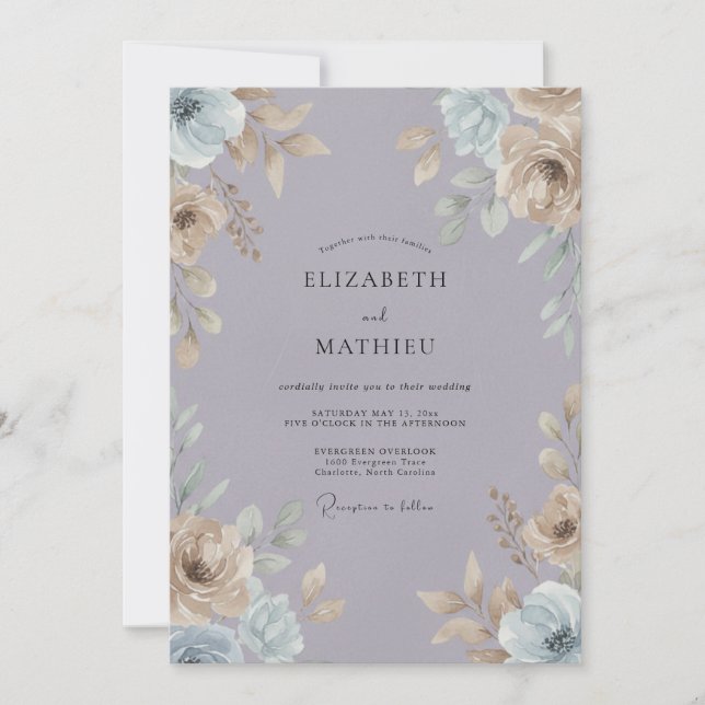 Convites Casamento de Ranunculus Eucalipto Roxo Ardósia (Frente)