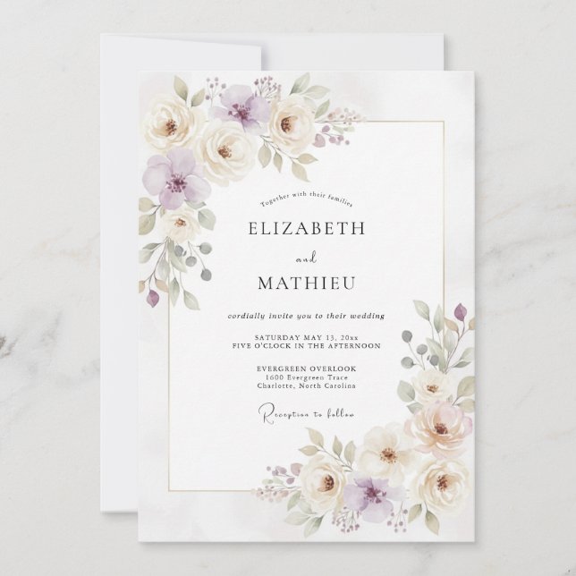 Convites Casamento de Ranunculus Eucalipto Roxo Claro (Frente)