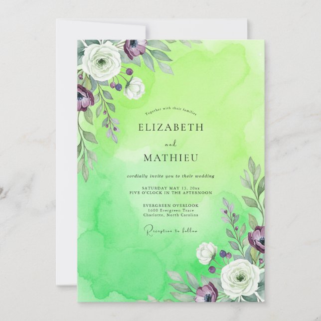 Convites Casamento de Ranunculus Eucalipto Roxo Lima (Frente)