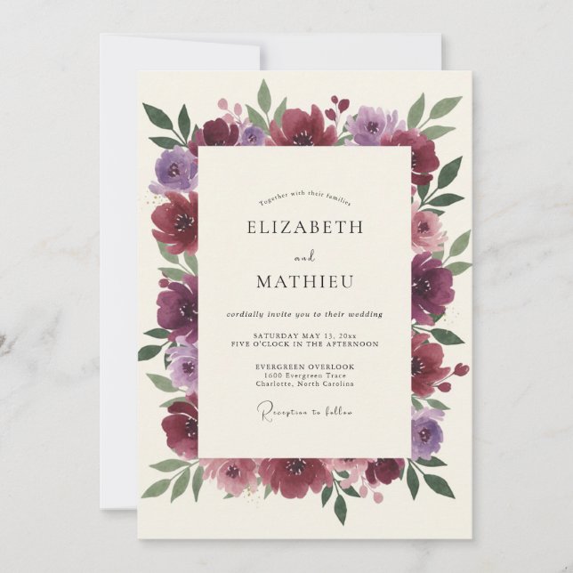 Convites Casamento de Ranunculus Eucalipto Roxo-Malva (Frente)