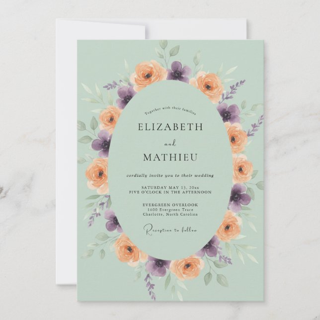 Convites Casamento de Ranunculus Eucalipto Roxo Pêssego (Frente)