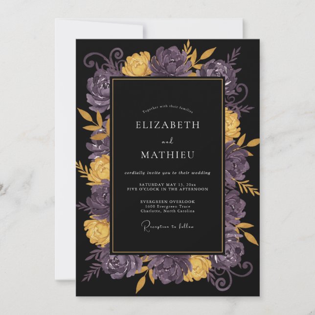 Convites Casamento de Ranunculus Eucalipto Roxo Preto (Frente)
