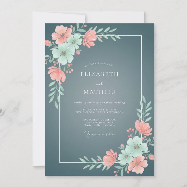 Convites Casamento de Ranunculus Eucalipto Salmão Ardósia (Frente)