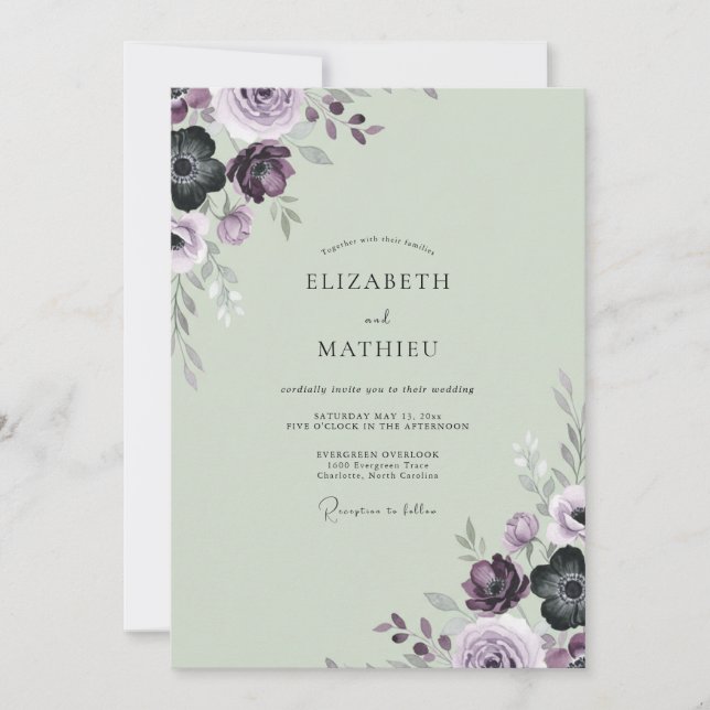 Convites Casamento de Ranunculus Eucalipto Salvia Ameixa (Frente)