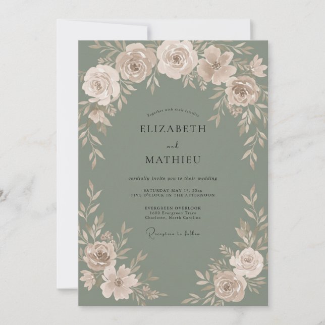 Convites Casamento de Ranunculus Eucalipto Salvia Champagne (Frente)
