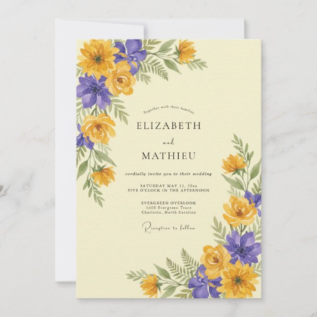 Convites Casamento de Ranunculus Eucalipto Violeta Dourado (Frente)