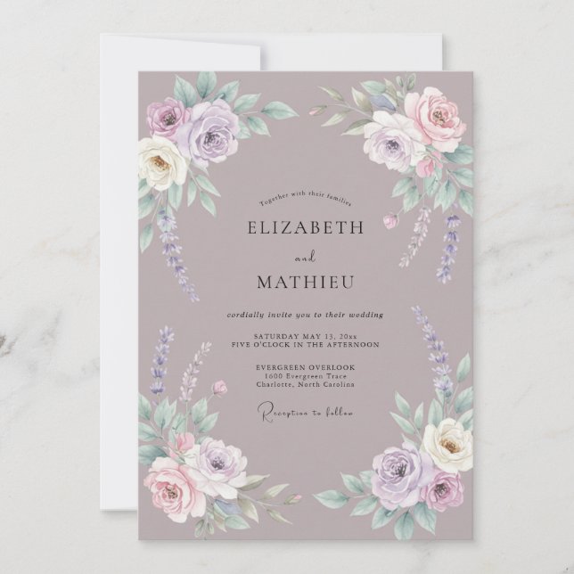 Convites Casamento de Ranunculus Eucalipto Violeta Empoeira (Frente)