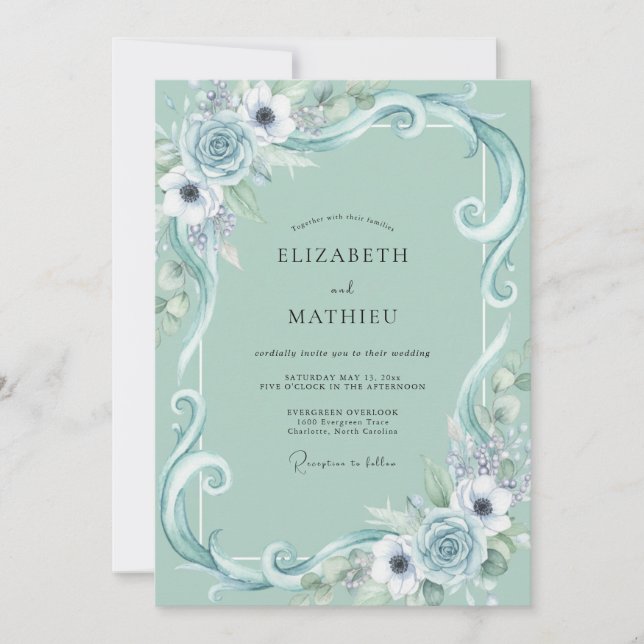 Convites Casamento de Ranunculus Filigrana Eucalipto Espuma (Frente)