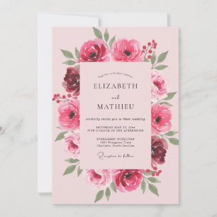 Convites Casamento de Ranunculus Fúcsia com Eucalipto Suave