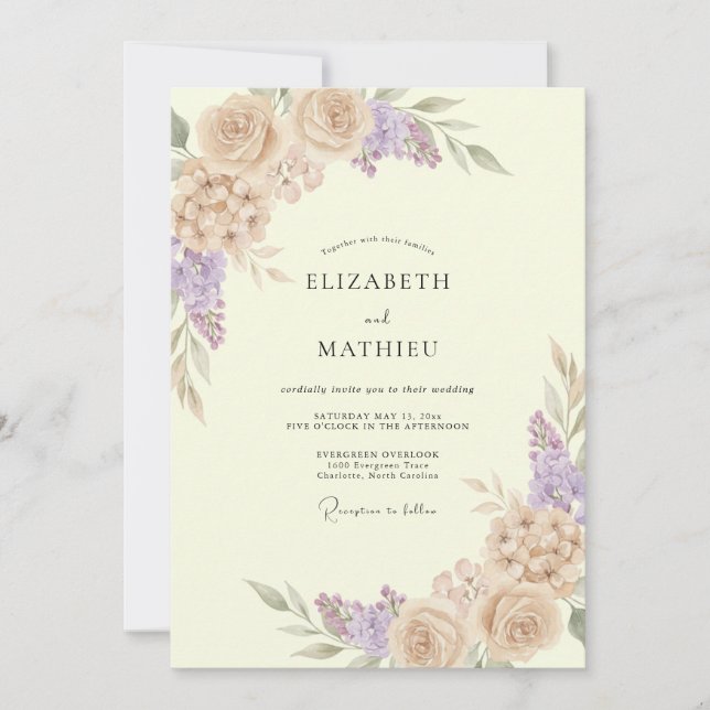 Convites Casamento de Ranunculus Lilás Champagne com Eucali (Frente)