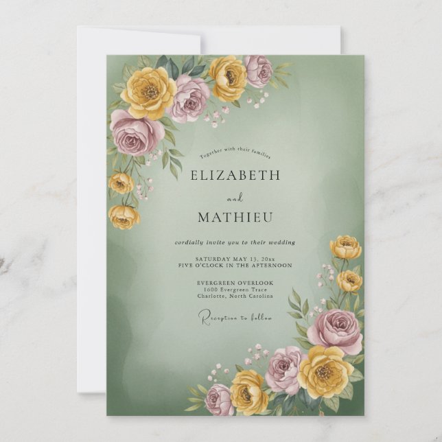 Convites Casamento de Ranunculus Lilás Eucalipto Sage Doura (Frente)