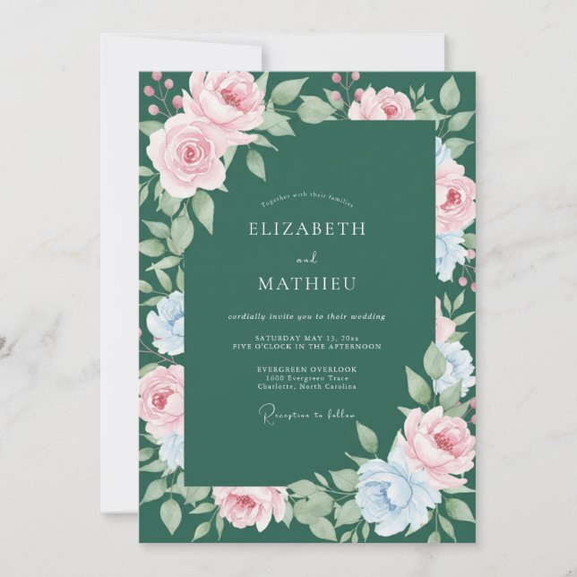 Convites Casamento de Ranunculus Pastel e Eucalipto Esmeral (Frente)