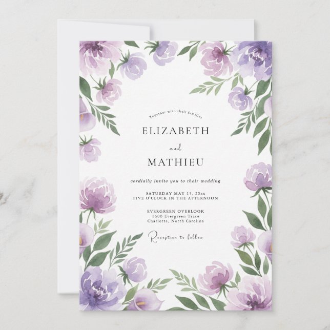 Convites Casamento de Ranunculus Pintado de Violeta (Frente)
