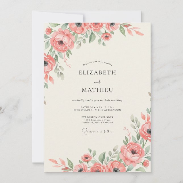 Convites Casamento de Ranunculus Salmão Eucalipto (Frente)