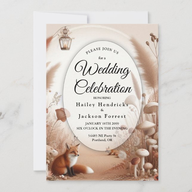 Convites Casamento de Raposas na Floresta Enfeitiçada de Ou (Frente)