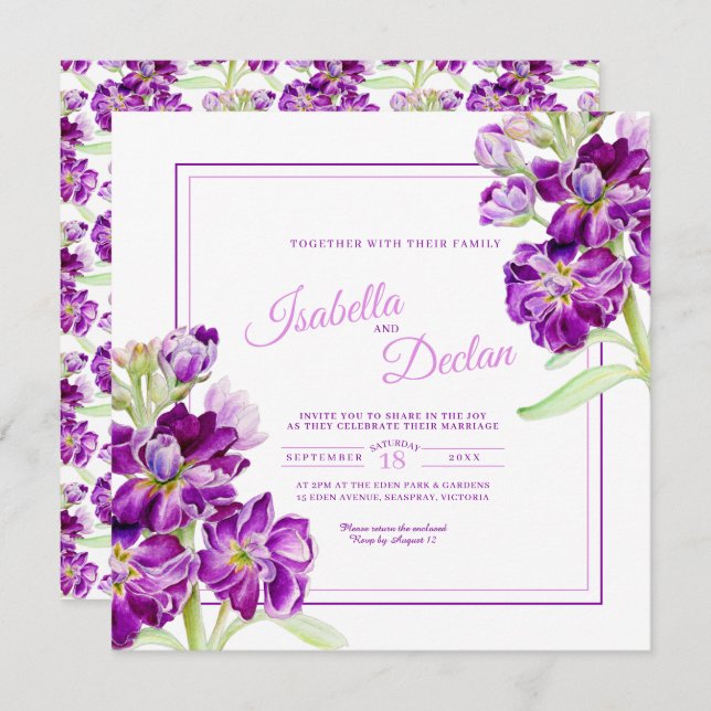 Convites Casamento de refúgio roxo flores de aquarela (Frente/Verso)