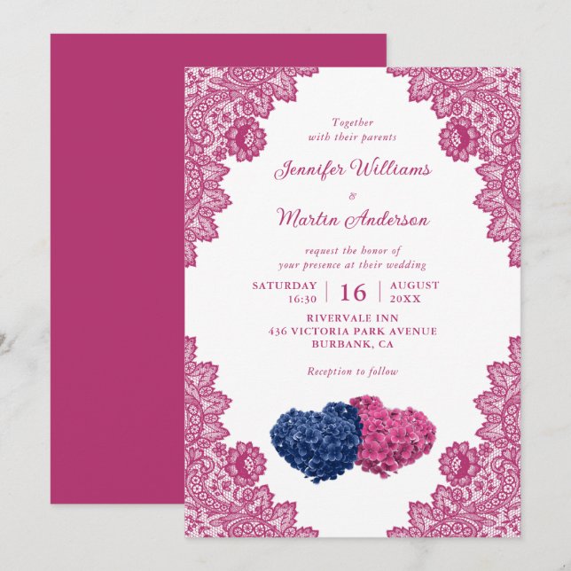 Convites Casamento de renda azul e rosa com Marinho russo (Frente/Verso)
