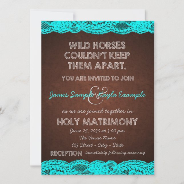 Convites Casamento de Renda Azul Teal Antiga e Marrom (Frente)