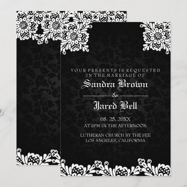 Convites Casamento de Renda Branca Damask Preto (Frente/Verso)