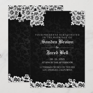Convites Casamento de Renda Branca Damask Preto