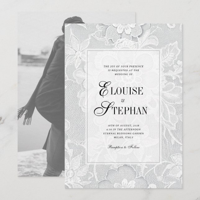 Convites Casamento de Renda Branca Elegante (Frente/Verso)